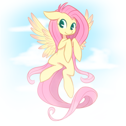 Size: 1280x1280 | Tagged: safe, artist:ninidoodles, fluttershy, g4, female, floppy ears, flying, looking sideways, sky, smiling, solo, spread wings, wings