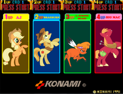 Size: 959x729 | Tagged: safe, artist:drpain, applejack, big macintosh, braeburn, little strongheart, bison, buffalo, earth pony, pony, g4, over a barrel, cowboys, game, konami, male, stallion, sunset riders, video game