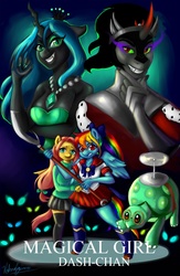 Size: 721x1109 | Tagged: safe, fluttershy, king sombra, queen chrysalis, rainbow dash, tank, anthro, g4, magical girl