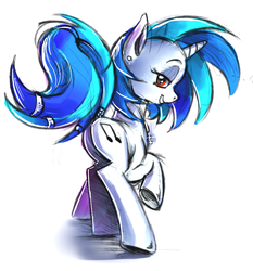 Size: 892x957 | Tagged: safe, artist:gsphere, dj pon-3, vinyl scratch, pony, unicorn, g4, backwards cutie mark, bedroom eyes, bling, butt, earring, female, grin, jewelry, looking at you, looking back, mare, missing accessory, necklace, pearl, piercing, plot, raised hoof, raised tail, red eyes, solo, tail, tail wrap, underhoof