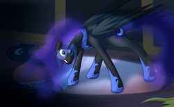 Size: 1024x632 | Tagged: safe, artist:diction, nightmare moon, princess luna, alicorn, pony, g4, banner, bruised, crying, female, gritted teeth, growling, mare, solo, spread wings, transformation