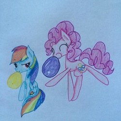 Size: 859x859 | Tagged: safe, artist:rainbowrules, pinkie pie, rainbow dash, g4, balloon, blowing, blowing up balloons, inflating, party, puffy cheeks, rainblow dash, traditional art