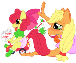 Size: 2677x2205 | Tagged: safe, artist:cuddlelamb, apple bloom, applejack, earth pony, anthro, g4, blushing, diaper, duo, female, filly, foal, high res, siblings, sisters, tongue out