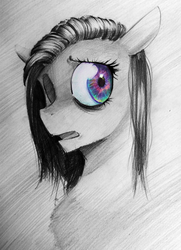 Size: 1024x1415 | Tagged: safe, artist:iceminth, marble pie, g4, colored pencil drawing, female, grayscale, monochrome, partial color, solo, traditional art