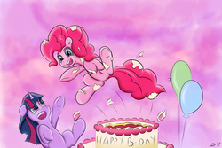 Size: 6000x4000 | Tagged: safe, artist:ironheart3498, pinkie pie, twilight sparkle, g4, absurd resolution, balloon, birthday cake, cake, jumping, surprised, underhoof