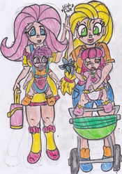 Size: 2373x3386 | Tagged: dead source, safe, artist:cuddlelamb, apple bloom, applejack, fluttershy, scootaloo, human, g4, age regression, baby carrier, diaper, fluttermom, high res, humanized, pacifier, poison joke, pram, traditional art