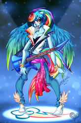 Size: 850x1293 | Tagged: safe, artist:jagg17, rainbow dash, equestria girls, g4, my little pony equestria girls: rainbow rocks, alternative cutie mark placement, facial cutie mark, female, guitar, nose piercing, piercing, ponied up, rainbow sass, solo, tongue out, tongue piercing