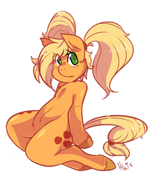 Size: 641x747 | Tagged: safe, artist:kipaki, applejack, earth pony, pony, semi-anthro, g4, alternate hairstyle, female, looking at you, mare, pigtails, simple background, sitting, solo, unshorn fetlocks, white background