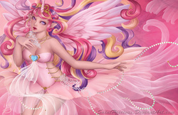 Size: 1024x663 | Tagged: safe, artist:saintprecious, princess cadance, human, g4, clothes, dress, elf ears, female, horn, horned humanization, humanized, pink, so much pink, solo, winged humanization