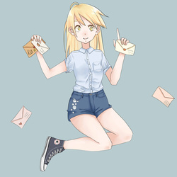 Size: 1024x1024 | Tagged: safe, artist:hitomiko-yamamoto, derpy hooves, human, g4, clothes, converse, female, humanized, letter, shirt, shorts, simple background, sitting, solo, uniform