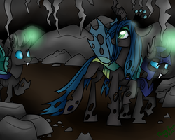 Size: 5000x4000 | Tagged: dead source, safe, artist:dreamyeevee, queen chrysalis, changeling, changeling queen, g4, absurd resolution, armor, cave, female