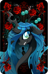 Size: 1254x1920 | Tagged: safe, artist:rariedash, part of a set, queen chrysalis, changeling, changeling queen, g4, card, crown, female, grin, jewelry, playing card, poker card, regalia, solo