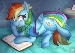 Size: 2100x1500 | Tagged: safe, artist:monnarcha, firefly, rainbow blaze, rainbow dash, pegasus, pony, g1, g4, belly button, blushing, book, female, g1 to g4, generation leap, heart eyes, mare, on side, solo, tongue out, wingding eyes