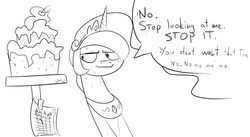 Size: 703x384 | Tagged: safe, artist:silfidum, princess celestia, g4, cake, cakelestia, dialogue, female, monochrome, simple background, solo, white background