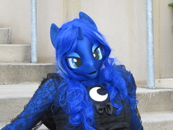 Size: 2816x2112 | Tagged: safe, artist:bramble bunny, princess luna, anthro, g4, clothes, cosplay, female, fursuit, high res, irl, photo, solo