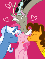 Size: 1185x1548 | Tagged: dead source, safe, artist:quincedork, cheese sandwich, discord, pinkie pie, pokey pierce, g4, cheek kiss, female, harem, kiss sandwich, kissing, male, pinkie pie gets all the stallions, ship:cheesepie, ship:discopie, ship:pokeycheesepie, ship:pokeypie, shipping, straight