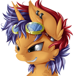 Size: 2500x2500 | Tagged: safe, artist:knifeh, oc, oc only, oc:electric spark, pony, unicorn, earring, goggles, grin, high res, male, piercing, portrait, stallion