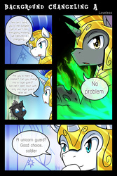 Size: 1500x2252 | Tagged: safe, artist:vavacung, changeling, pony, unicorn, comic:to love alicorn, comic, dialogue, royal guard, speech bubble, transformation