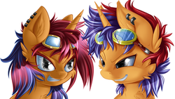Size: 3200x1800 | Tagged: safe, artist:knifeh, oc, oc only, oc:electric spark, oc:sweet voltage, pony, unicorn, earring, goggles, grin, piercing, twins