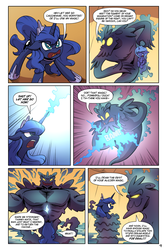 Size: 1500x2250 | Tagged: safe, artist:lovelyneckbeard, princess luna, comic:dream away, g4, comic, crying, dream walker luna, eyes closed, fight, filly, magic, magic theft, monster, self ponidox, woona