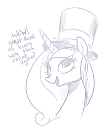 Size: 954x1143 | Tagged: safe, artist:nobody, princess cadance, g4, cadance loves tiaras, dialogue, female, hat, looking up, monochrome, open mouth, sketch, solo, top hat