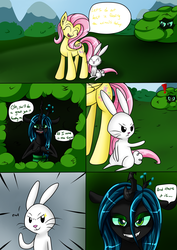 Size: 2893x4092 | Tagged: safe, artist:novaspark, angel bunny, fluttershy, queen chrysalis, changeling, changeling queen, pegasus, pony, g4, comic, dialogue, female, imminent vore, mare