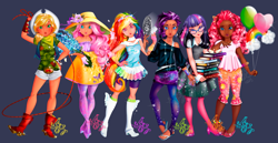 Size: 3405x1761 | Tagged: safe, artist:asher-bee, applejack, fluttershy, pinkie pie, rainbow dash, rarity, twilight sparkle, human, g4, dark skin, humanized, mane six