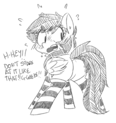 Size: 1000x1061 | Tagged: safe, artist:xieril, rainbow dash, pegasus, pony, g4, beanbrows, blushing, butt, clothes, dock, embarrassed, female, looking back, mare, monochrome, plewds, plot, rainbutt dash, shy, sketch, socks, solo, stockings, striped socks, sweat, tail, tsunderainbow, tsundere