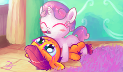 Size: 1920x1136 | Tagged: safe, artist:halem1991, scootaloo, sweetie belle, g4, blushing, cute, cutealoo, diasweetes, eyelashes, eyes closed, filly, frown, halem1991 is trying to murder us, hnnng, lipstick, makeup, misleading thumbnail, mouth hold, on back, smiling, weapons-grade cute, younger