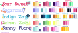 Size: 3459x1500 | Tagged: safe, artist:xebck, indigo zap, lemon zest, sour sweet, sugarcoat, sunny flare, equestria girls, g4, my little pony equestria girls: friendship games, color palette, crystal prep academy, crystal prep shadowbolts, cutie mark, earbuds, glasses, reference sheet, shadow five, text