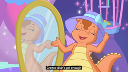 Size: 854x480 | Tagged: safe, screencap, twinkle wish, whimsey weatherbe, g3, g3.5, twinkle wish adventure, greece, greek, hat, meme, mirror, whimseydorable, youtube caption