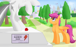 Size: 1920x1200 | Tagged: safe, artist:crusierpl, rainbow dash, scootaloo, pony, g4, adult, backwards cutie mark, canterlot, chest fluff, implied death, memorial, park, rearing, rose, statue, tree