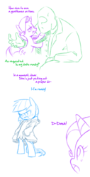 Size: 590x1162 | Tagged: safe, artist:raridashdoodles, rainbow dash, rarity, oc, oc:anon, human, pony, comic:rarity sets up a date for rainbow dash, g4, /mlp/, angry, bipedal, blushing, clothes, comic, dialogue, dress, hoodie, human on pony action, implied human on pony action, interspecies, rainbow dash always dresses in style, sketch, suit