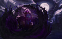 Size: 4200x2700 | Tagged: safe, artist:critzie, king sombra, nightmare moon, umbrum, g4, fight, full moon, moon, night, shadow