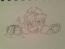 Size: 1280x960 | Tagged: safe, artist:notenoughapples, applejack, g4, cider, drunk, drunk aj, female, floppy ears, monochrome, mug, sketch, solo, tongue out, traditional art
