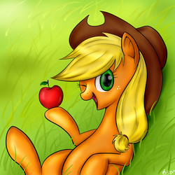 Size: 1200x1200 | Tagged: dead source, safe, artist:warapi, applejack, g4, apple, female, obligatory apple, on back, one eye closed, open mouth, pixiv, solo, wink