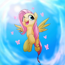 Size: 1000x1000 | Tagged: safe, artist:ushiro no kukan, fluttershy, butterfly, pegasus, pony, g4, female, flying, open mouth, sky, solo, spread wings, wings