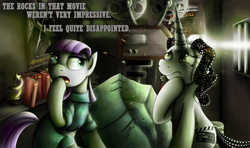 Size: 1250x740 | Tagged: safe, artist:jamescorck, maud pie, tom, oc, oc:movie slate, earth pony, pony, unicorn, g4, projector, the rock (movie)