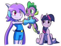 Size: 1455x1099 | Tagged: safe, artist:goshaag, spike, twilight sparkle, dragon, anthro, g4, crossover, freedom planet, lilac, purple, sash lilac, simple background, video game