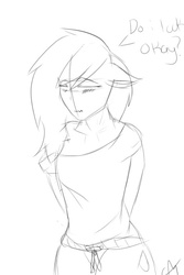 Size: 512x768 | Tagged: safe, artist:rednorth, oc, oc only, oc:red-north, anthro, blushing, clothes, draft, embarrassed, eyes closed, female, monochrome, sketch, solo, sweatpants, wip