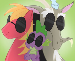 Size: 792x648 | Tagged: safe, artist:kimberlycolors, big macintosh, discord, spike, earth pony, pony, g4, bros, dude, hilarious in hindsight, male, stallion, sunglasses