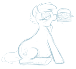 Size: 535x489 | Tagged: safe, artist:shoutingisfun, oc, oc only, earth pony, pony, belly, cheeseburger, eating, fat, monochrome, solo, stuffing, the greasy slut