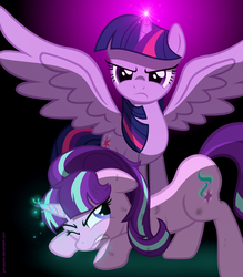 Size: 3500x4000 | Tagged: safe, artist:ponyecho, starlight glimmer, twilight sparkle, alicorn, pony, g4, awesome, badass, duo, face down ass up, female, good end, justice, magic, mare, show accurate, starlight gets what's coming to her, twilight sparkle (alicorn)