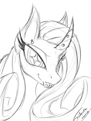 Size: 600x800 | Tagged: safe, artist:foldeath, rarity, g4, curved horn, eyebrow piercing, female, horn, horn piercing, monochrome, piercing, portrait, sketch, solo, starry eyes, tongue out, tongue piercing