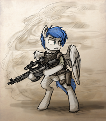 Size: 540x617 | Tagged: artist needed, safe, oc, oc only, oc:wingedthoughts, pegasus, pony, fallout equestria, gun, mk 14, monochrome, pipbuck, pistol, pose, solo, weapon