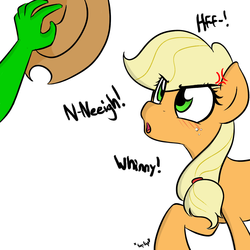 Size: 1500x1500 | Tagged: safe, artist:wuzzlefluff, applejack, oc, oc:anon, earth pony, human, pony, g4, /mlp/, :o, accessory theft, angry, angry horse noises, blushing, cowboy hat, cross-popping veins, cute, dialogue, female, freckles, glare, hand, hat, hat thief, horse noises, horses doing horse things, jackabetes, madorable, mare, neigh, offscreen character, open mouth, pure unfiltered evil, simple background, stetson, stomping, whinny, white background, you monster