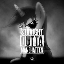 Size: 846x846 | Tagged: safe, oc, oc only, oc:littlepip, pony, unicorn, fallout equestria, black and white, clothes, fanfic, fanfic art, female, grayscale, jumpsuit, mare, meme, monochrome, nwa, pipbuck, solo, straight outta, straight outta compton, vault suit