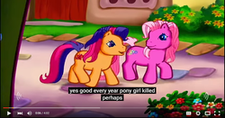 Size: 854x448 | Tagged: safe, screencap, pinkie pie (g3), scootaloo (g3), g3, meet the ponies, scootaloo's outdoor play party, meme, youtube caption