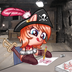 Size: 743x737 | Tagged: safe, artist:mcponyponypony, oc, oc only, oc:redliner, bustier, captain, clothes, corset, drawing, gloves, piercing, pirate, ship, solo
