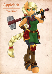 Size: 2550x3600 | Tagged: safe, artist:ambris, applejack, earth pony, anthro, unguligrade anthro, adventuring is magic, g4, colored pupils, female, freckles, hammer, high res, looking at you, multiple variants, muscles, smiling, solo, war hammer, warrior, weapon